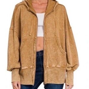 Zenana Outfitters Camel Zip-Up Hoodie NEW